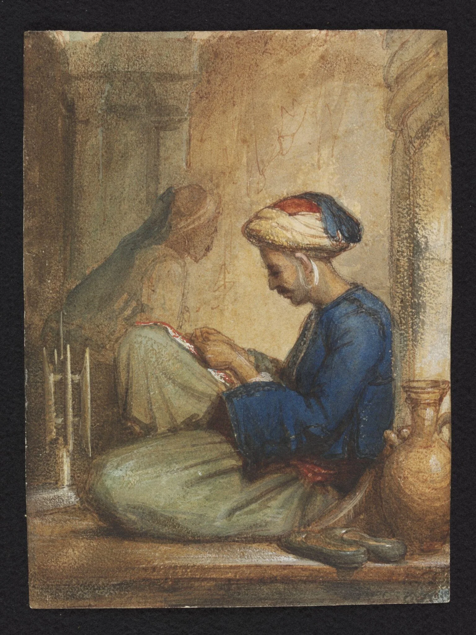 A North Indian[?] sewing with silk, by Alexandre Gabriel Decamps, watercolor, 1850