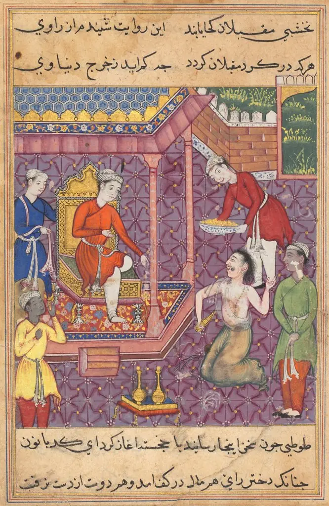 The magician disguised as a Brahman returns to claim his “daughter-in-law,” from a Tuti-nama (Tales of a Parrot): Thirty-fifth Night