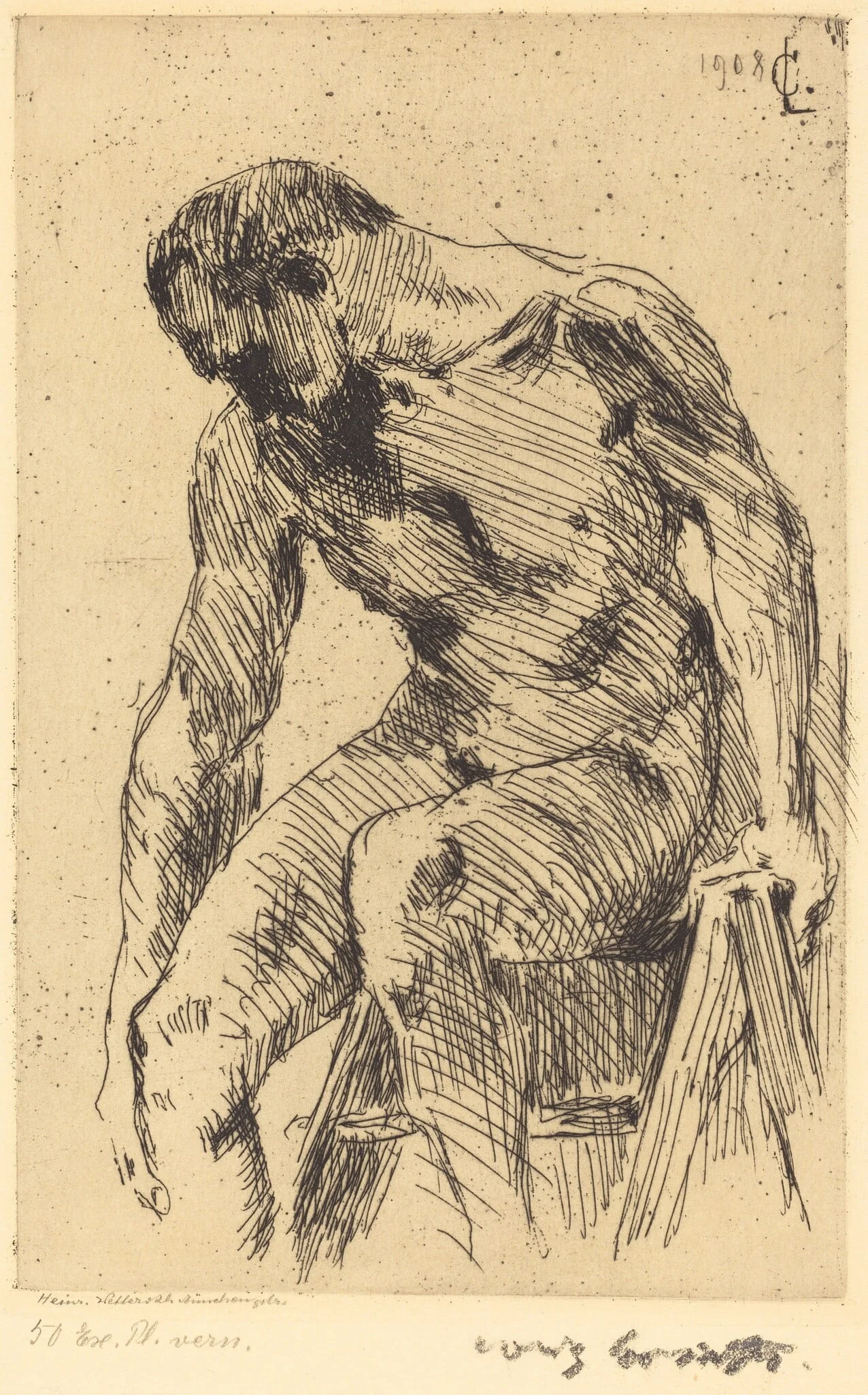 Sitzender Männlicher Akt (Seated Male Nude), by Lovis Corinth, ink, 1908