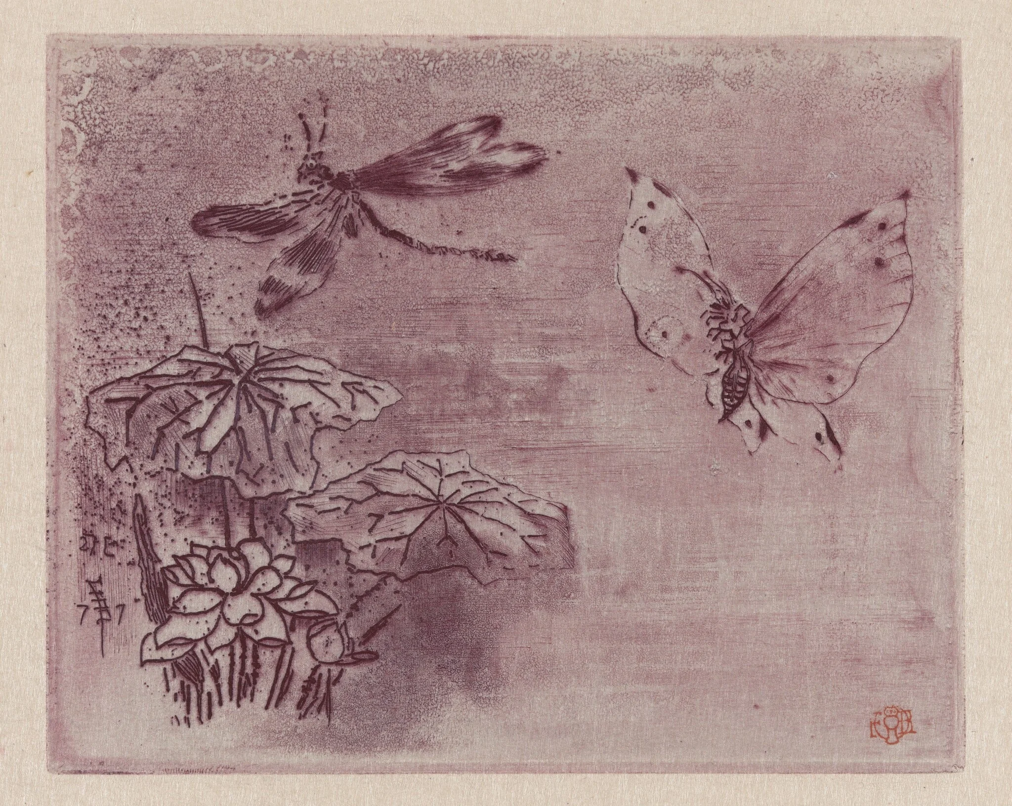 Ex Libris with a Butterfly and Dragonfly, by Félix-Hilaire Buhot, ink, 1877