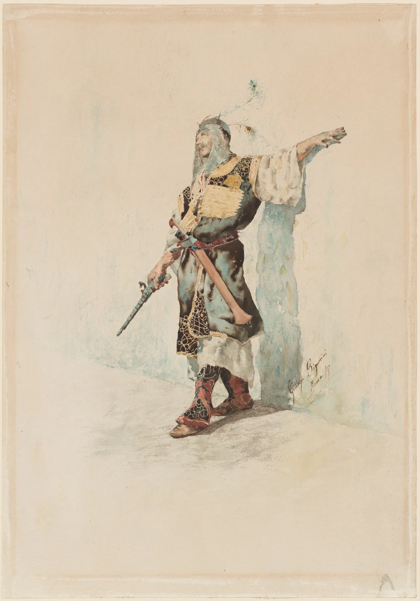 A Moorish Soldier before a Sunlit Wall, by Giuseppe Signorini, graphite, 1878
