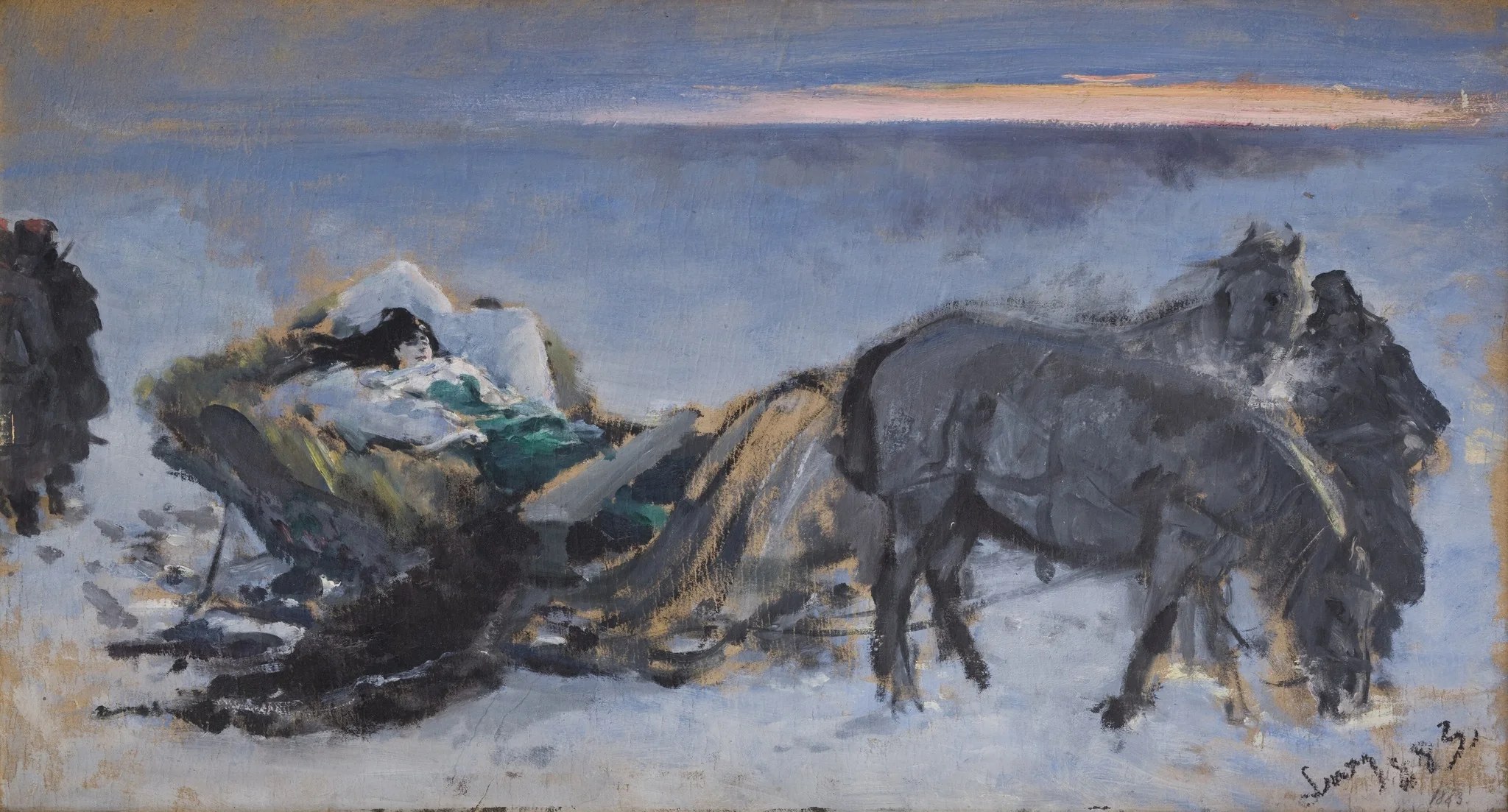 Gertruda Komorowska in the Sleigh, by Leon Wyczółkowski, oil, 1892