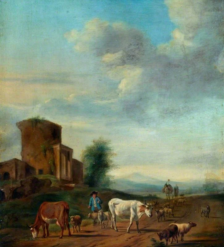 Landscape with Ruins and Figures, by Adriaen van de Velde, oil, 1664