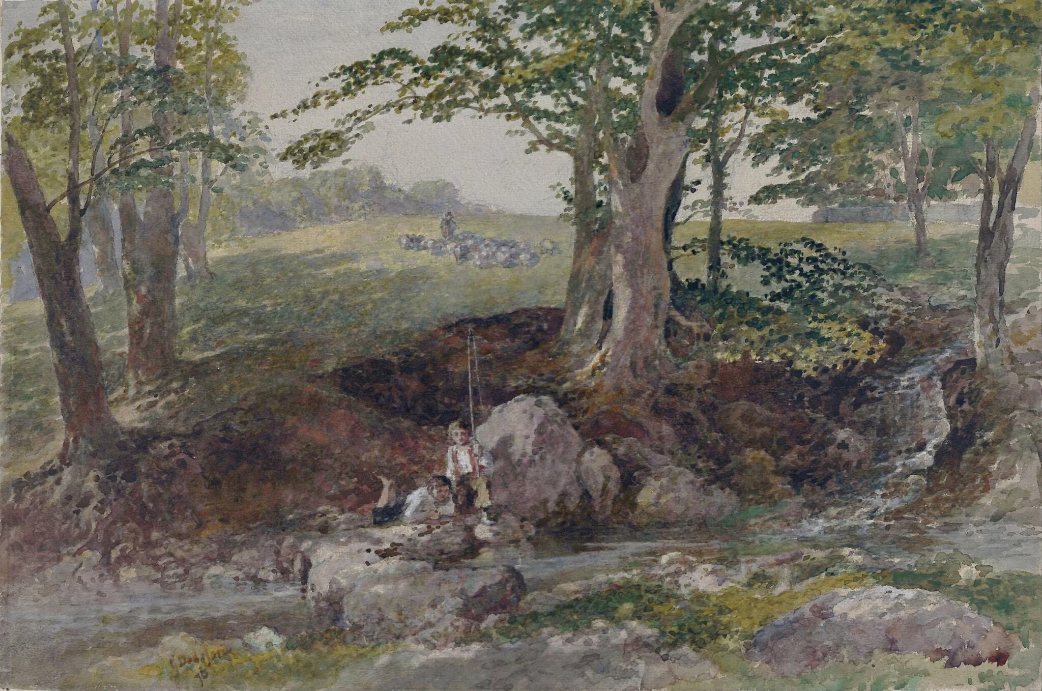 'The Bite', two boys fishing beside a brook, by George Haydock Dodgson, watercolor, 1870