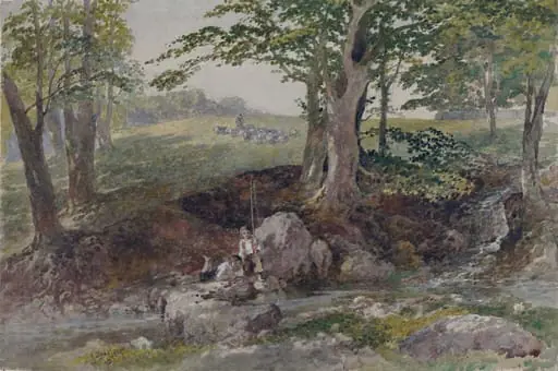 'The Bite', two boys fishing beside a brook