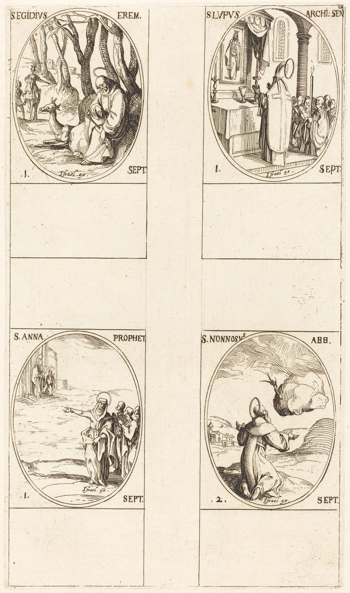 St. Giles; St. Lupus; St. Anne; St. Nonnosus, by Jacques Callot, ink, 1634