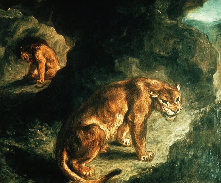 Lionne et lion dans leur antre, by Eugène Delacroix, oil, 1856