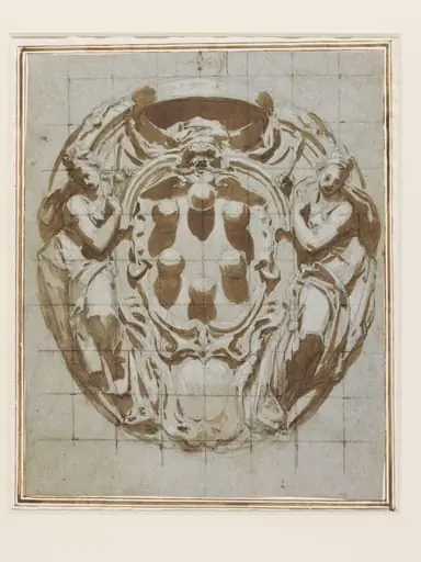 An elaborate cartouche with the Medici Arms flanked by Justice and Prudence