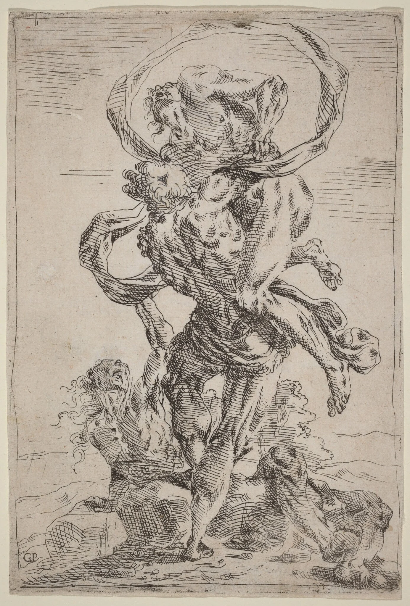 Hercules and Antaeus, by Giovanni Pietro Possenti, ink, 1638