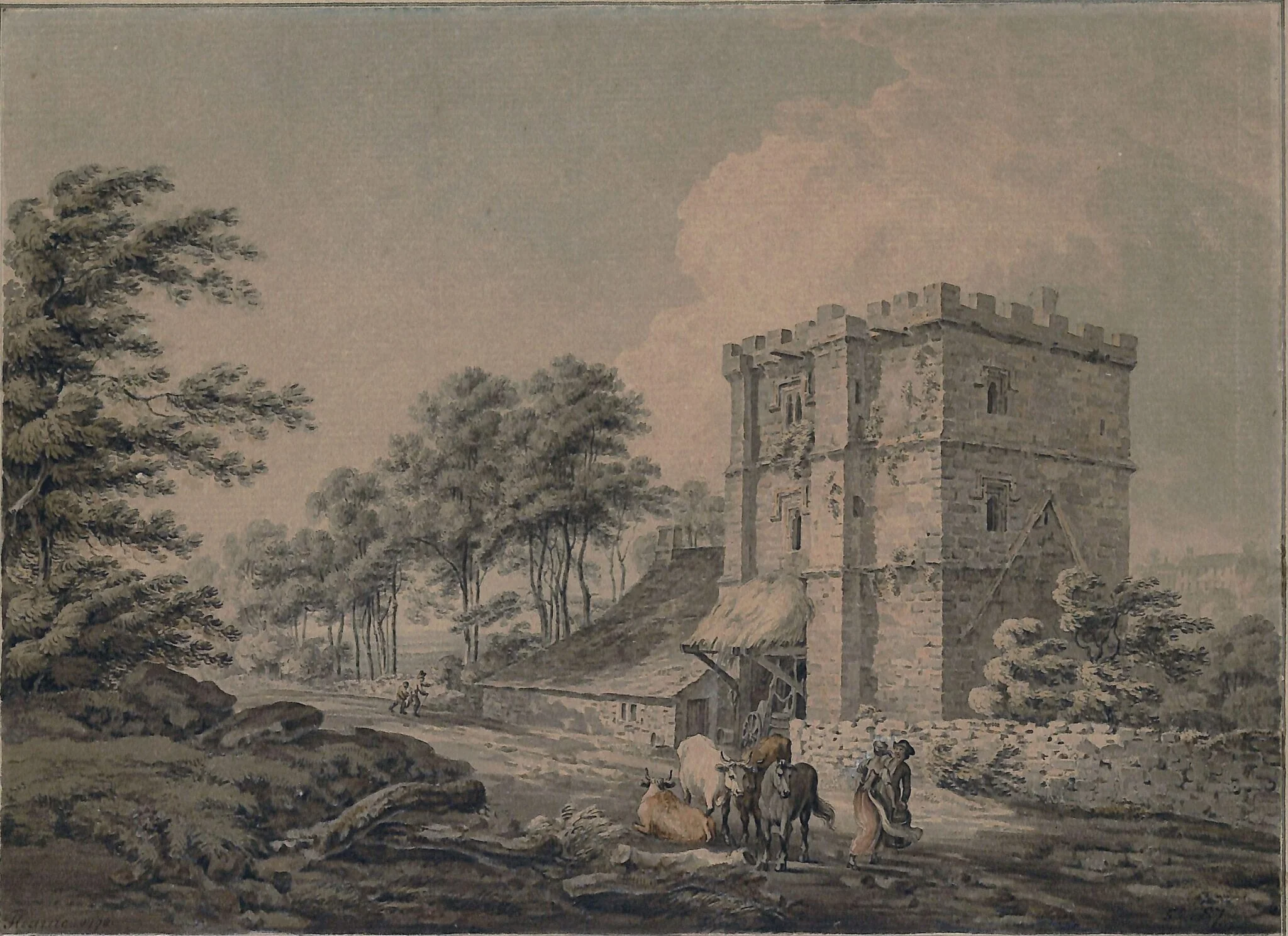 Wetheral Priory, Cumberland, with figures and cattle, by Thomas Hearne, watercolor, 1778