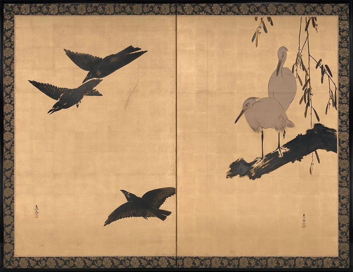 柴田是真筆　烏鷺図屏風|Egrets and Crows, by Shibata Zeshin, gold, 1883