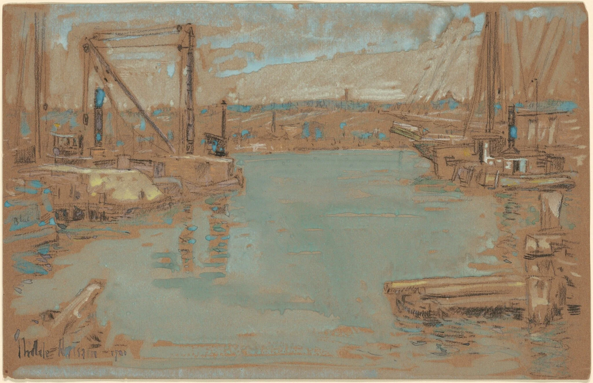 North River Dock, New York, by Childe Hassam, charcoal, 1901