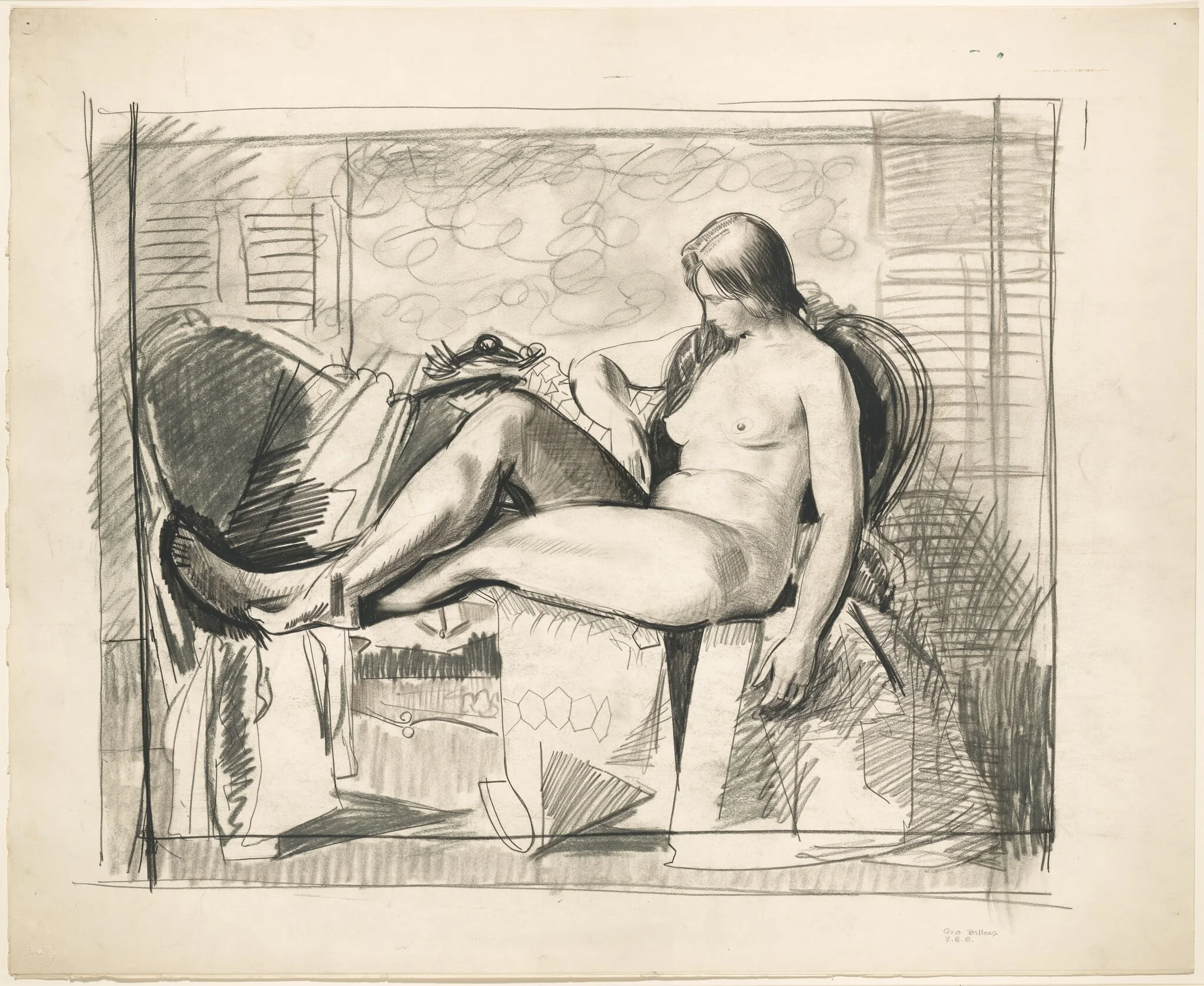 Study for Nude with Hexagonal Quilt, by George Bellows, charcoal, 1924
