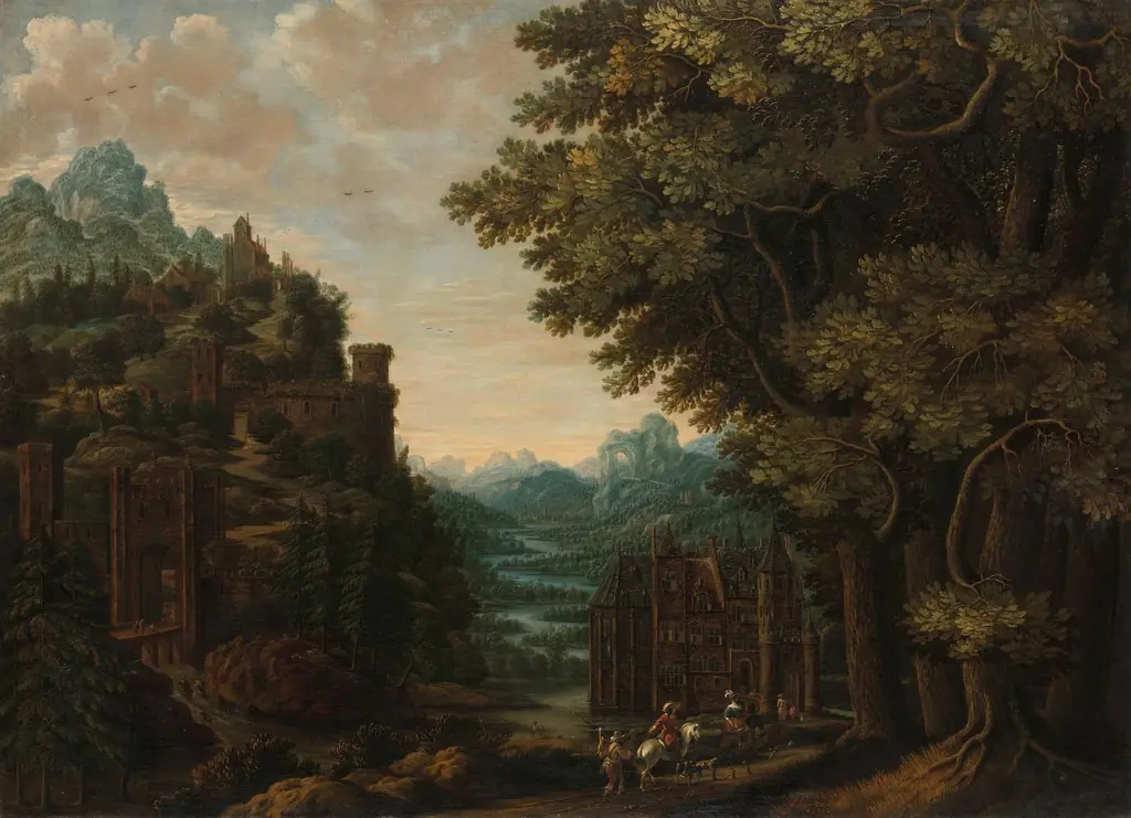 Mountainous landscape with river valley and castles
