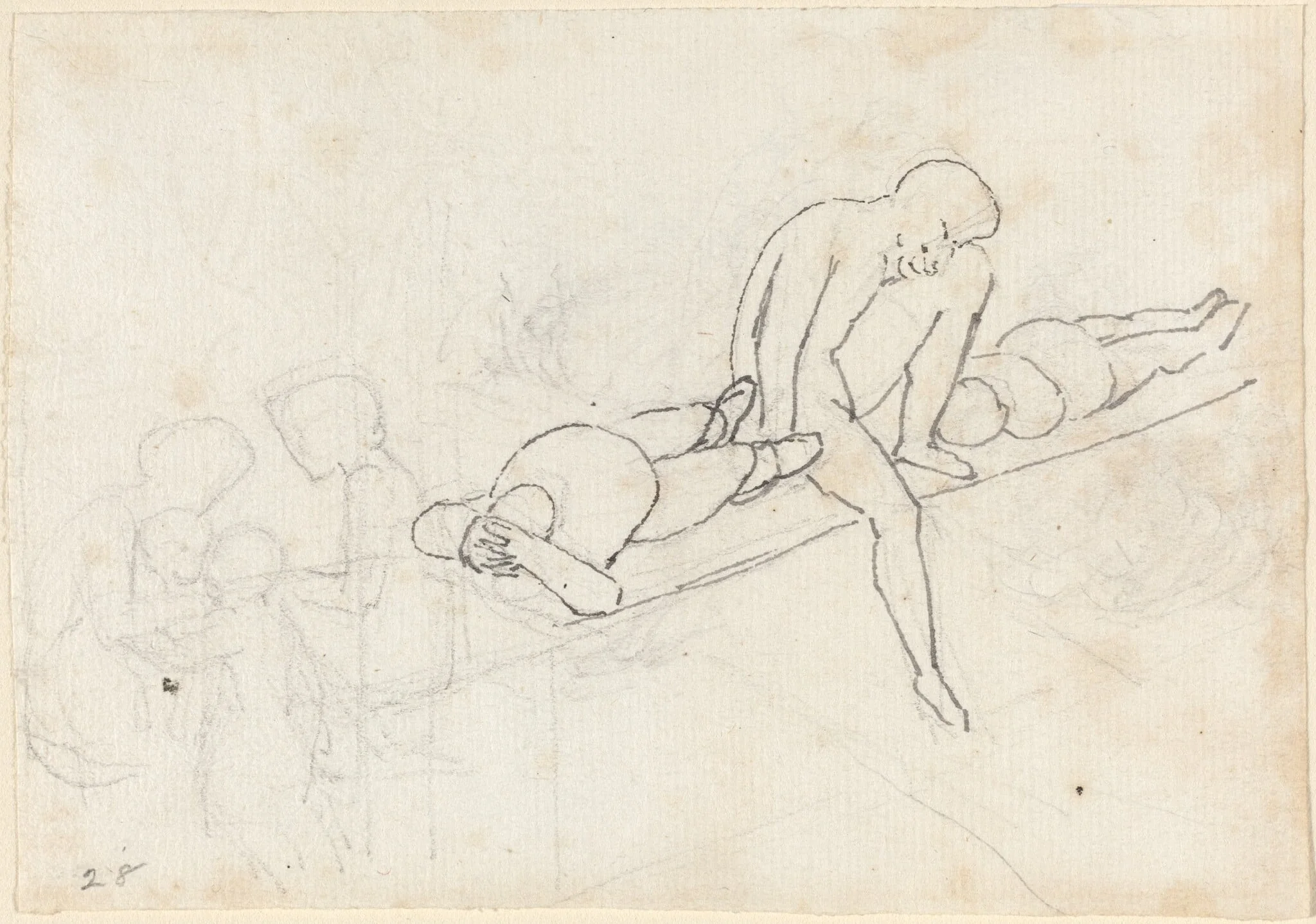 Seated Man Flanked by Two Reclining Figures; Huddle of Figures in Lower Left Corner, by John Flaxman, ink, 1790