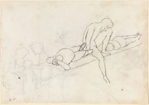 Seated Man Flanked by Two Reclining Figures; Huddle of Figures in Lower Left Corner