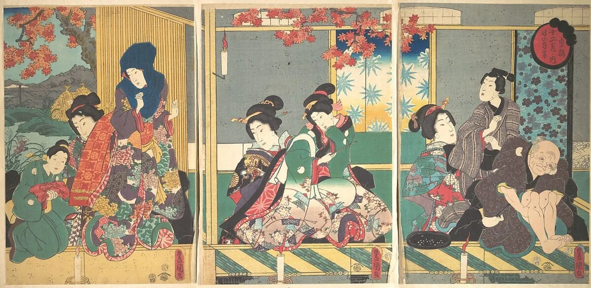 重陽後の月宴  十二月ノ内|Banquet of the Next Full Moon at the Chrysanthemum Festival, from the series The Twelve Months (Chōyō nochi no tsuki no en, Jūni tsuki no uchi), by Utagawa Kunisada, ink, 1854