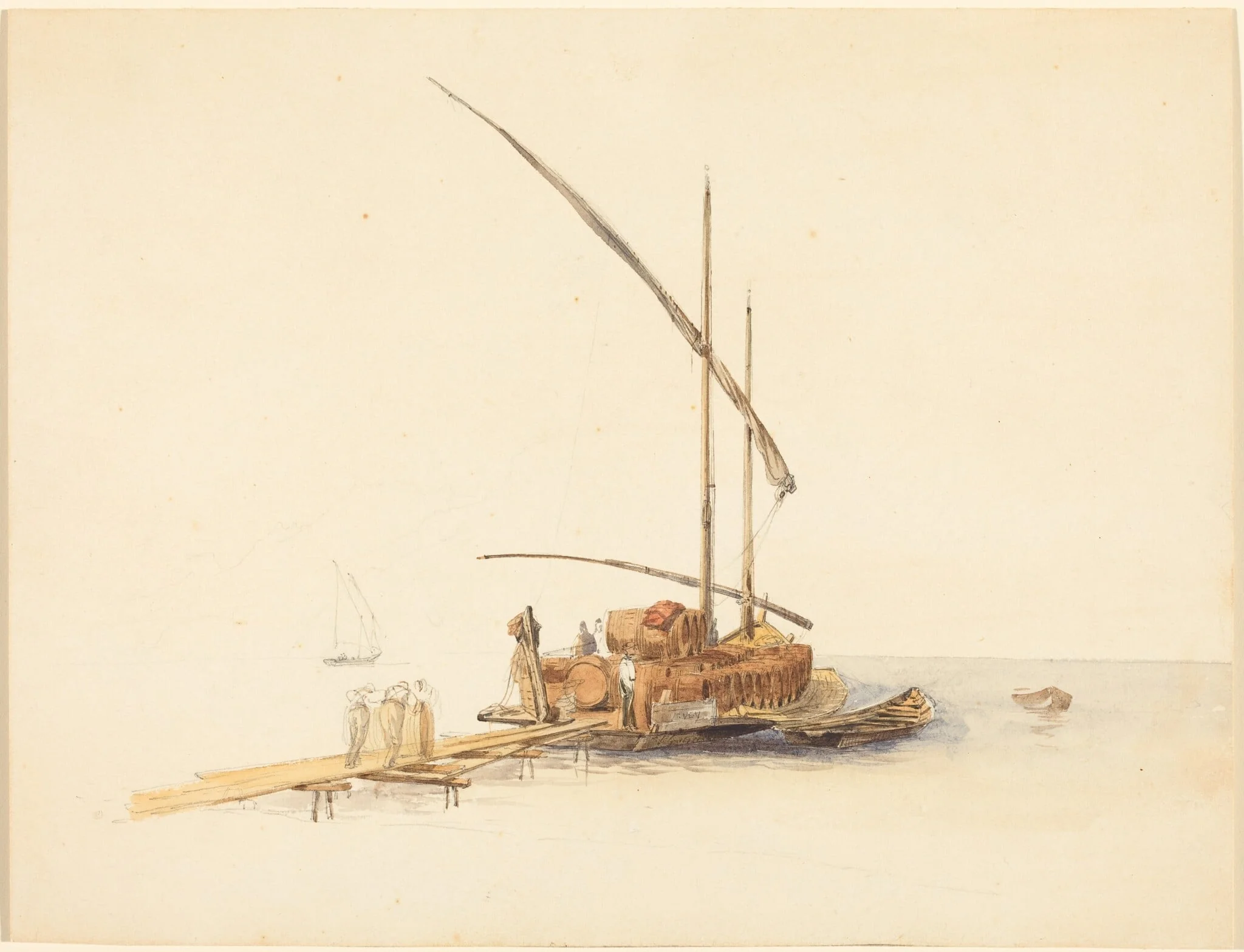 Wine Barrels Loaded onto a Sailing Barge at Vevey
