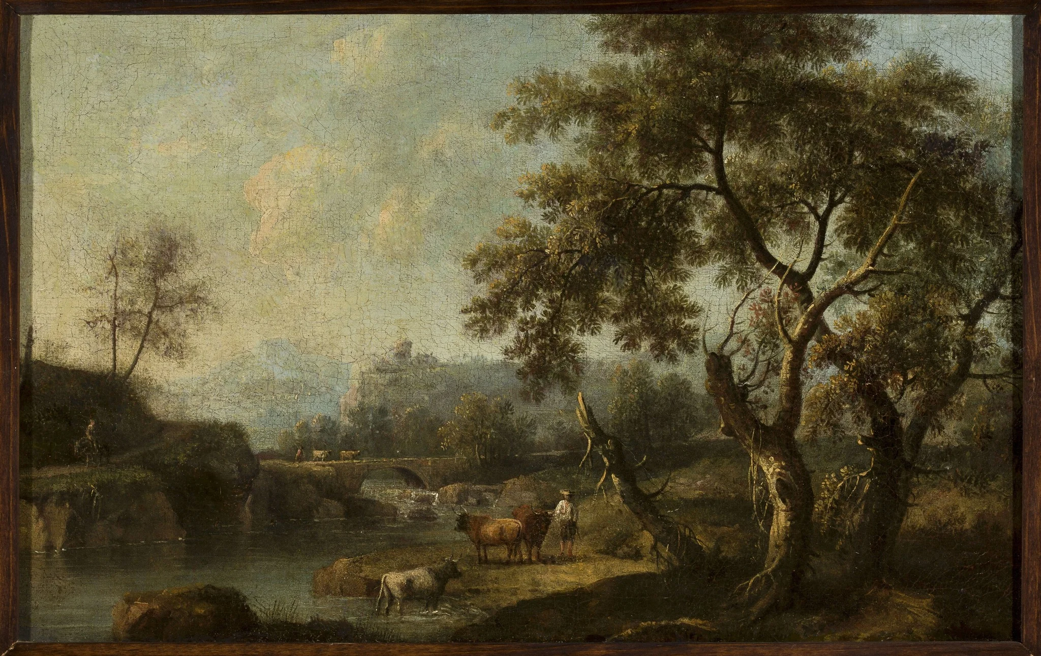 Mountain landscape with cattle at the waterhole, by Giovanni Battista Cimaroli, oil, 1737