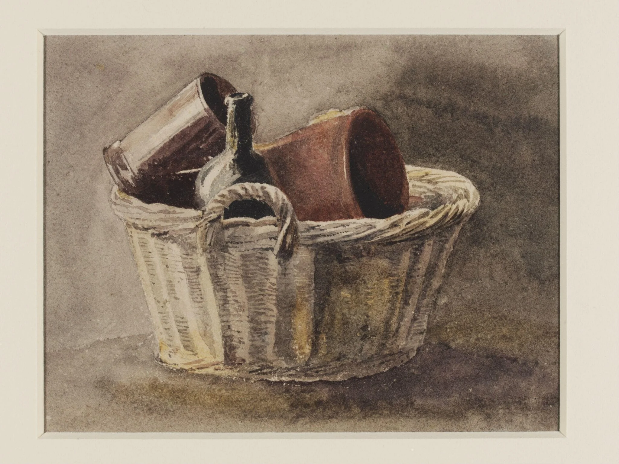 Still life with wicker basket, bottle and two brown vessels, by Peter De Wint, watercolor, 1810