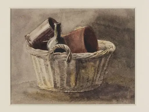 Still life with wicker basket, bottle and two brown vessels