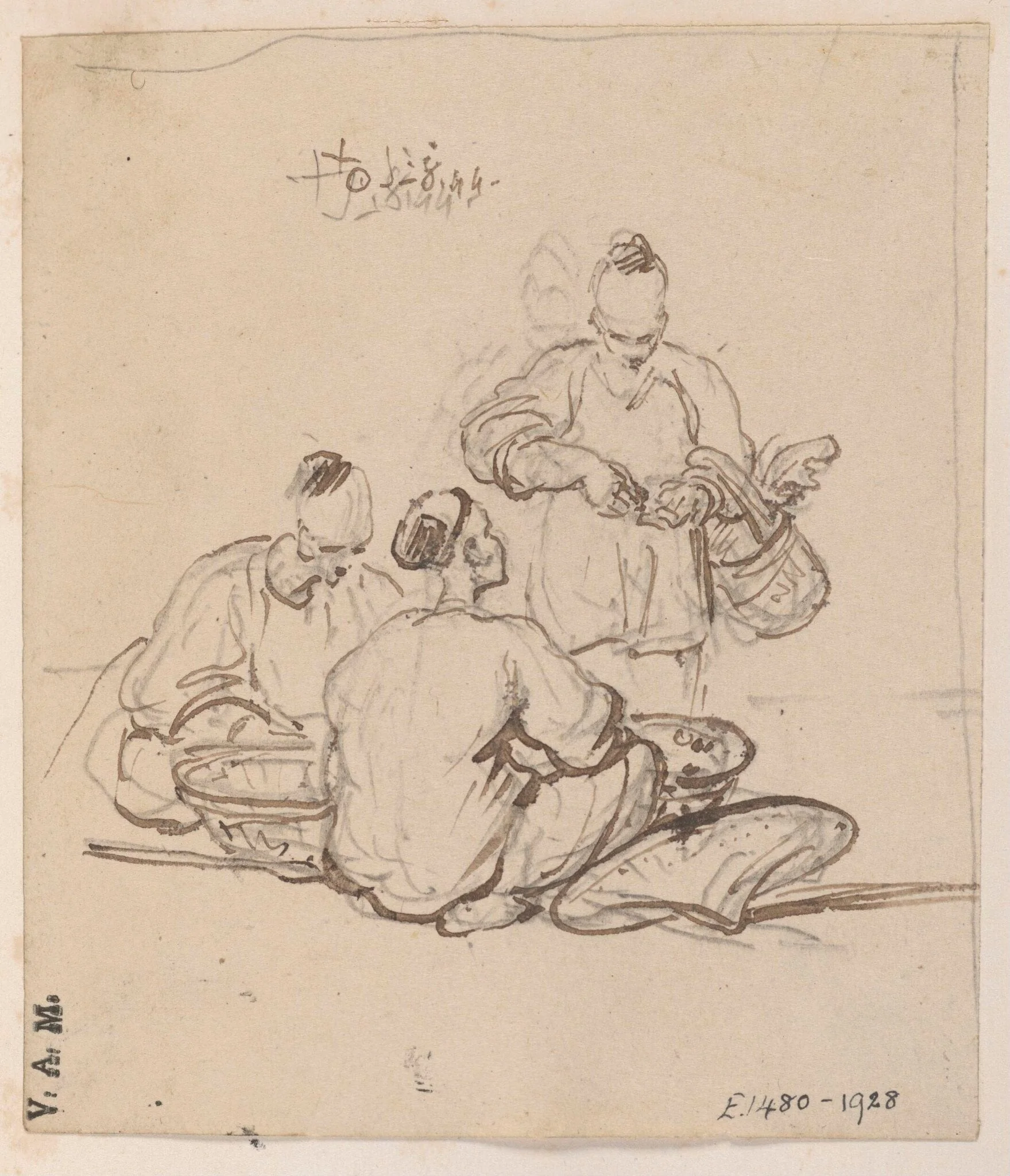 Three Chinese men with baskets