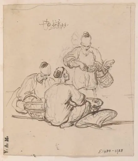 Three Chinese men with baskets