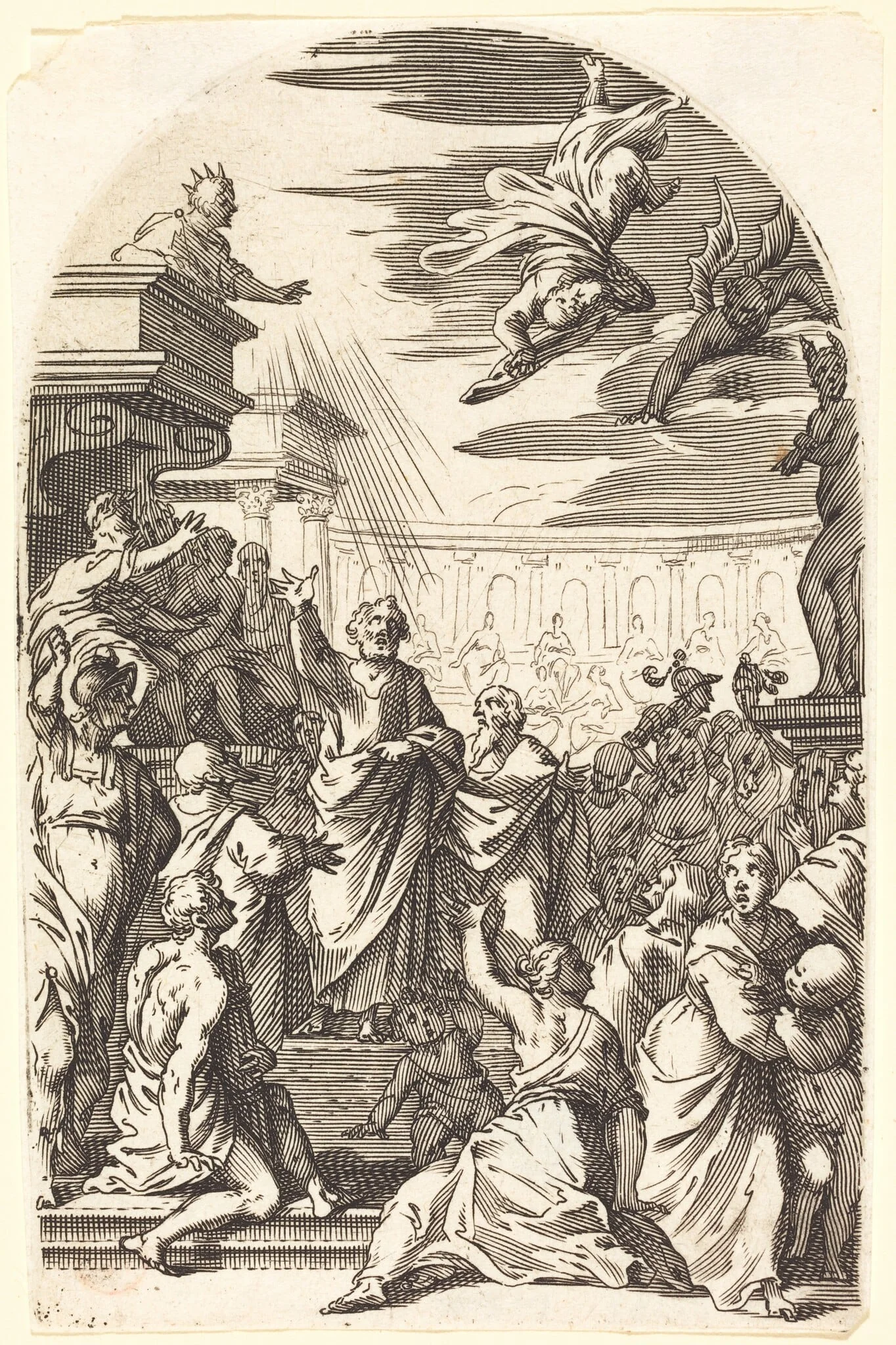 Fall of Simon the Magician, by Jacques Callot, ink, 1610