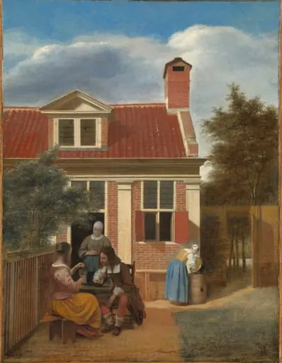 Een gezelschap op de plaats achter een huis