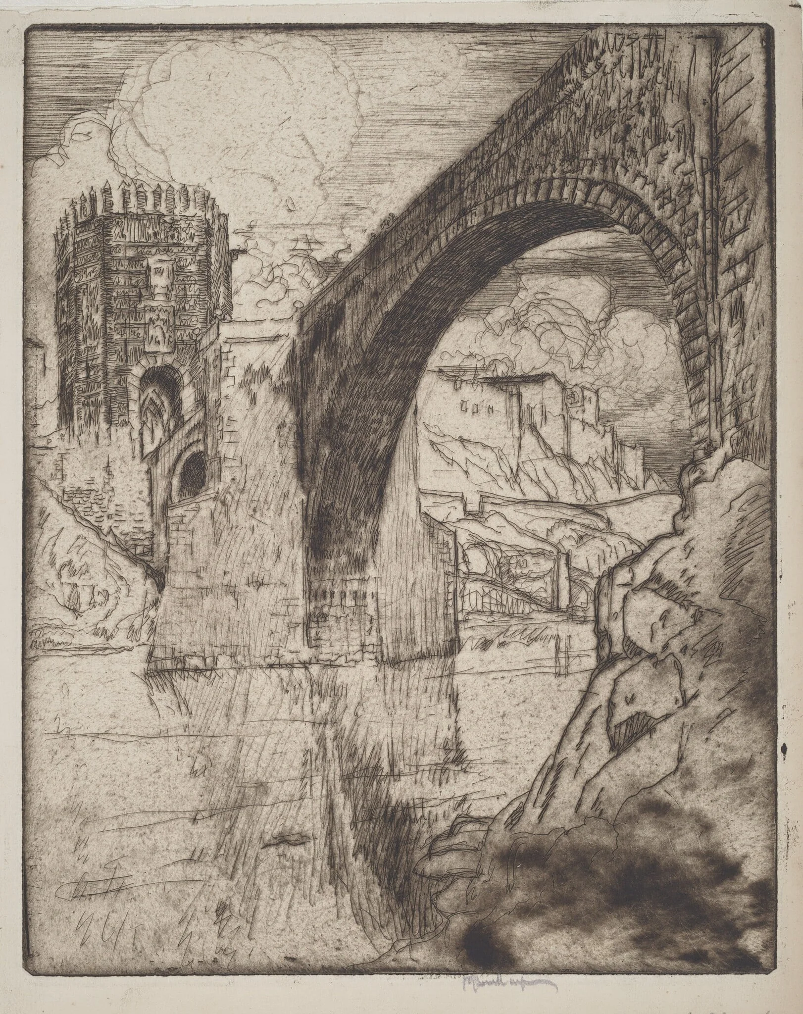 Arch of Bridge of Alcantara, by Joseph Pennell, ink, 1904
