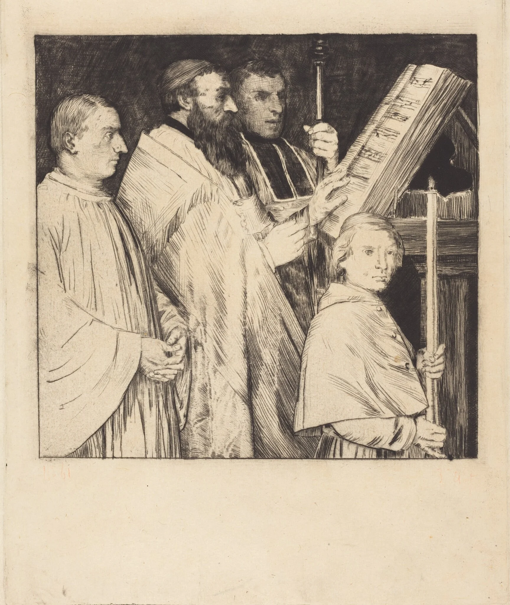 Choristers, 1st plate (Le lutrin), by Alphonse Legros, ink, 1874