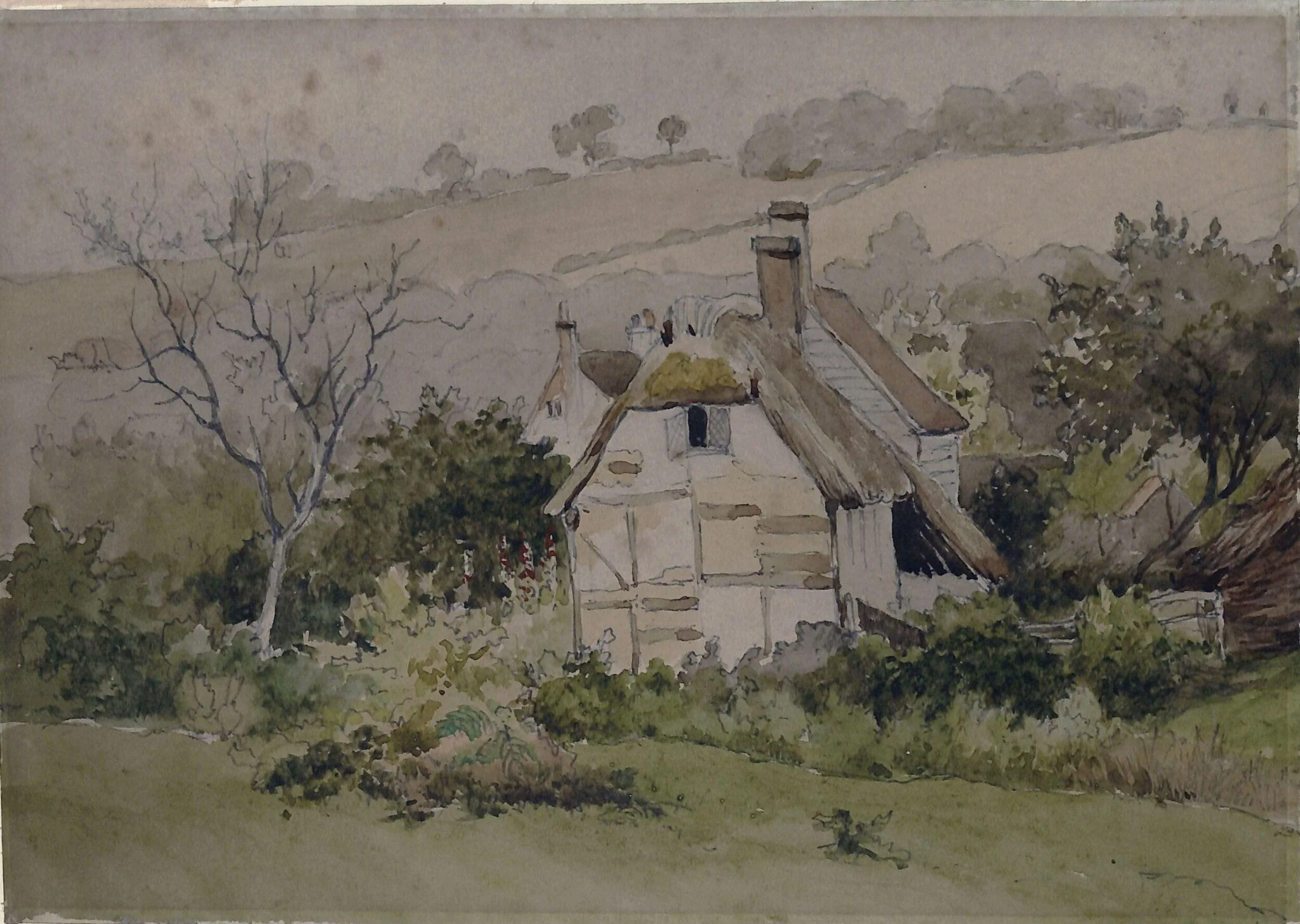 Landscape with cottages and trees, by James Stark, watercolor, 1825