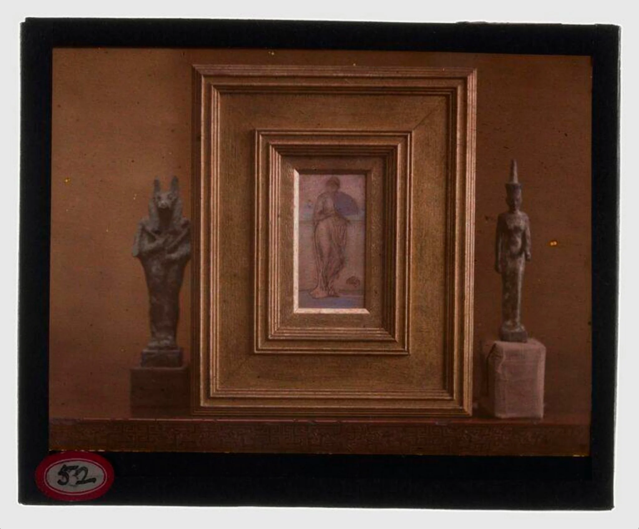 'Figure of Anubis', Egypt, 664-525 BCE, 'Resting', ca 1870-1873 by James McNeil Whistler and 'Figurine of the Goddess Neith', 664-525 BCE or later, from the Charles Lang Freer Collection, by Alvin Langdon Coburn, photographic, 1909