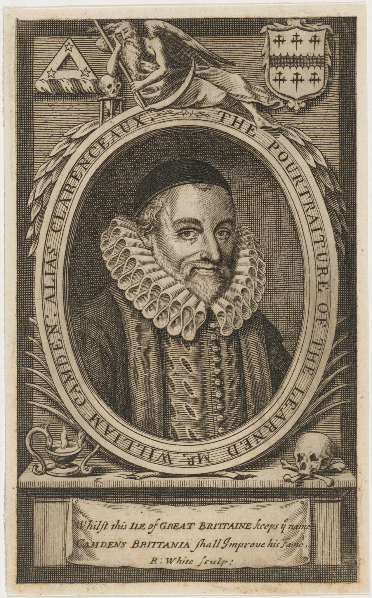 William Camden, by Robert White, ink, 1674