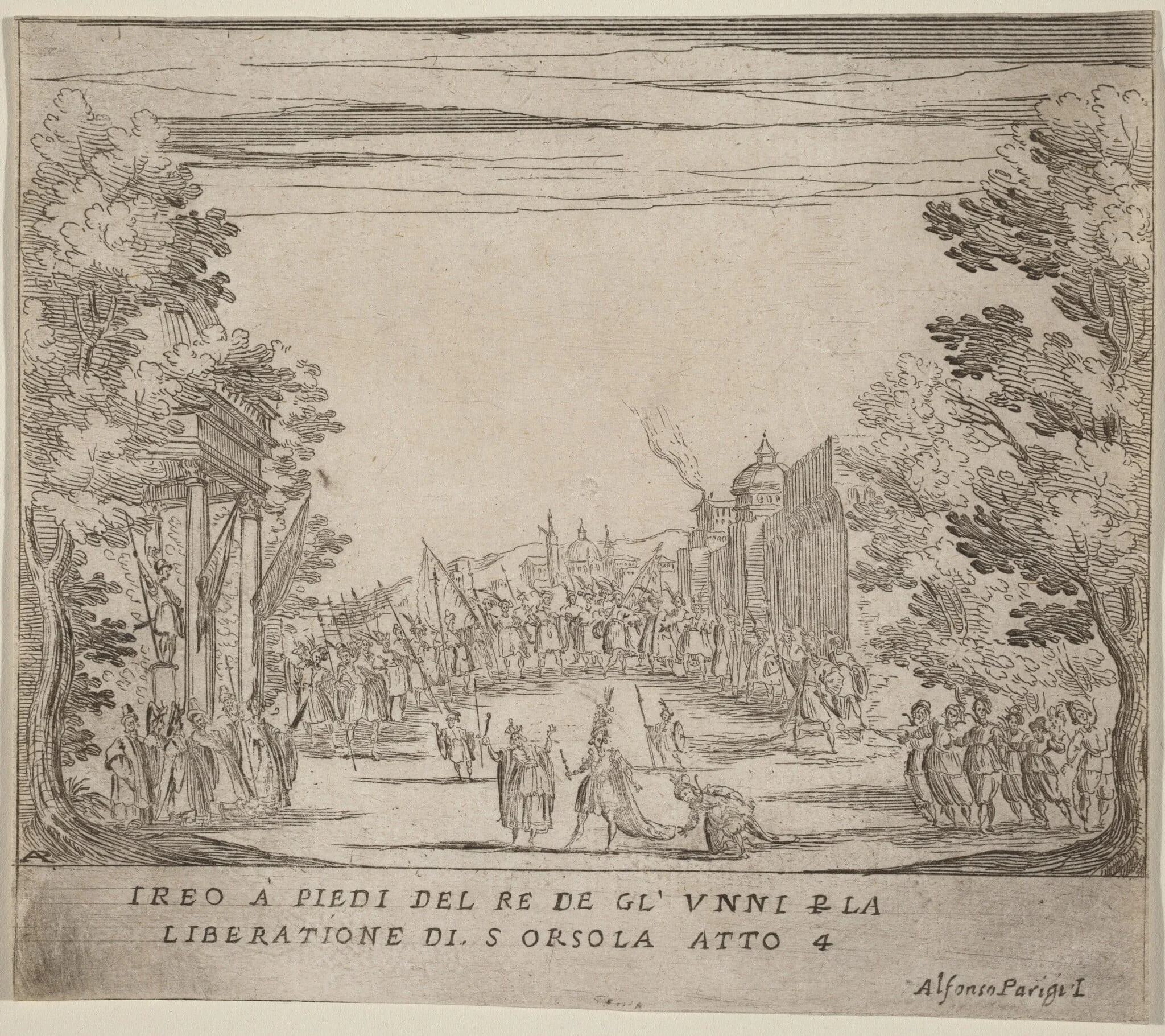 Jereo Before the King of the Huns for the Liberation of Saint Ursula, by Alfonso Parigi II, ink, 1631