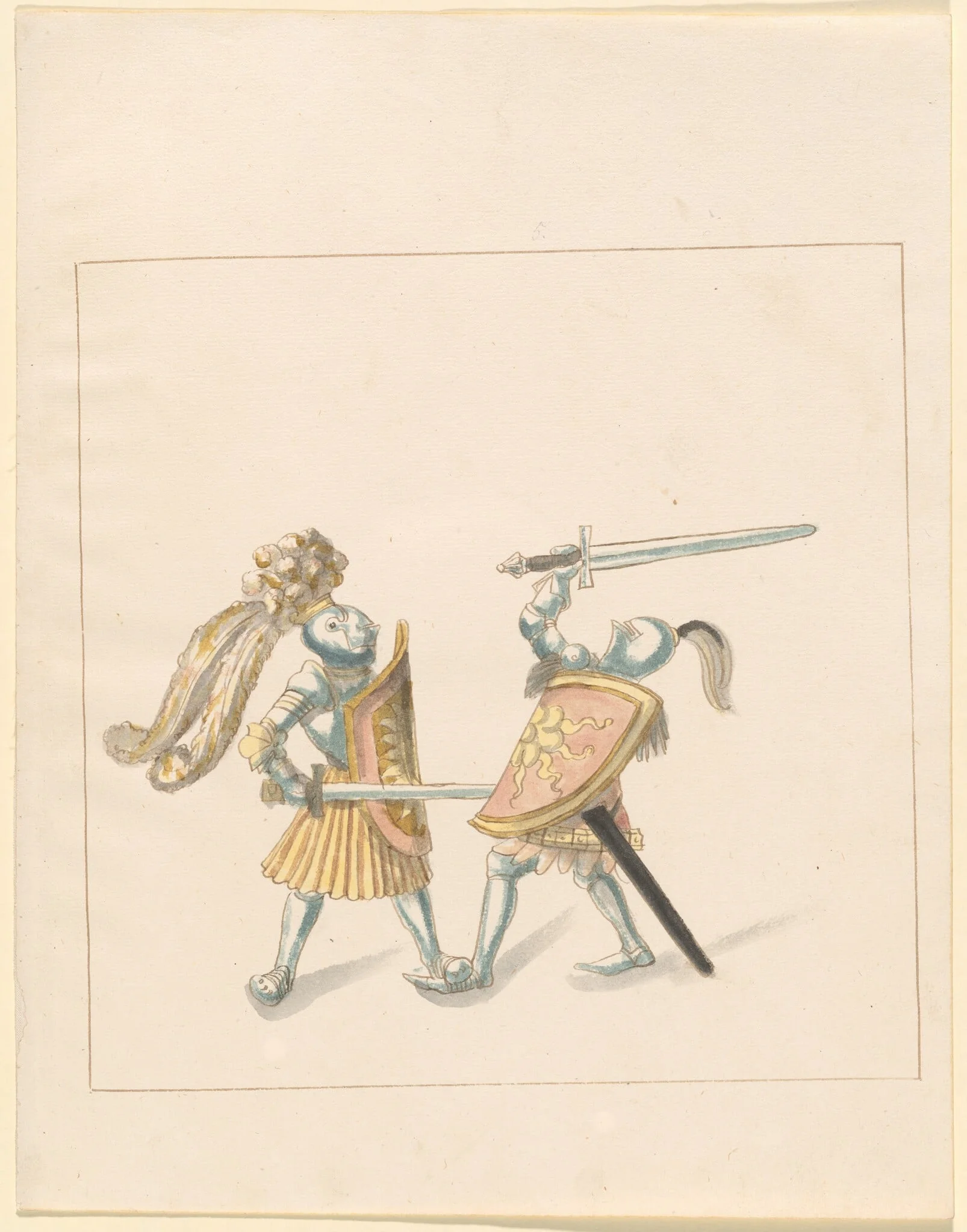 Foot Combat with Longswords and Shields, by German 16th Century, ink, 1514