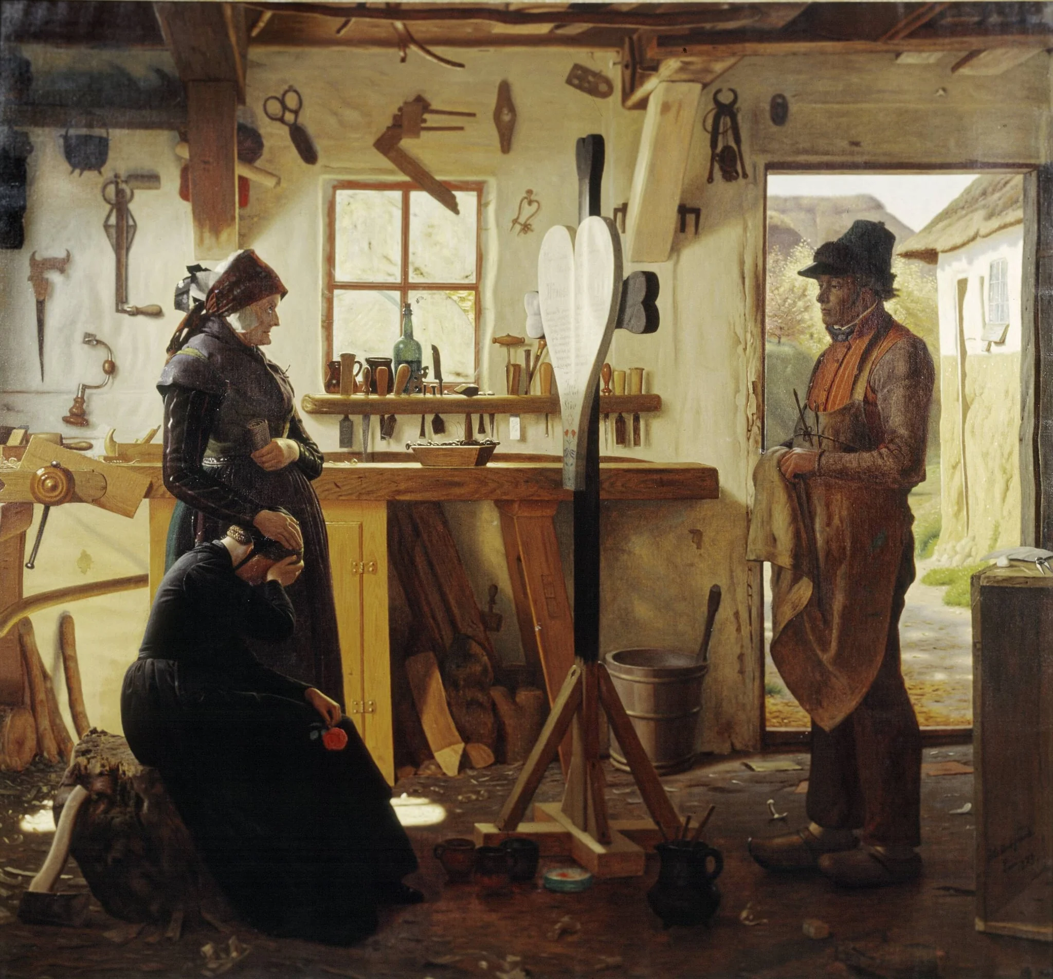 To kvinder besøger landsbykunstneren for at se det bestilte gravkors, by Unknown, 1873
