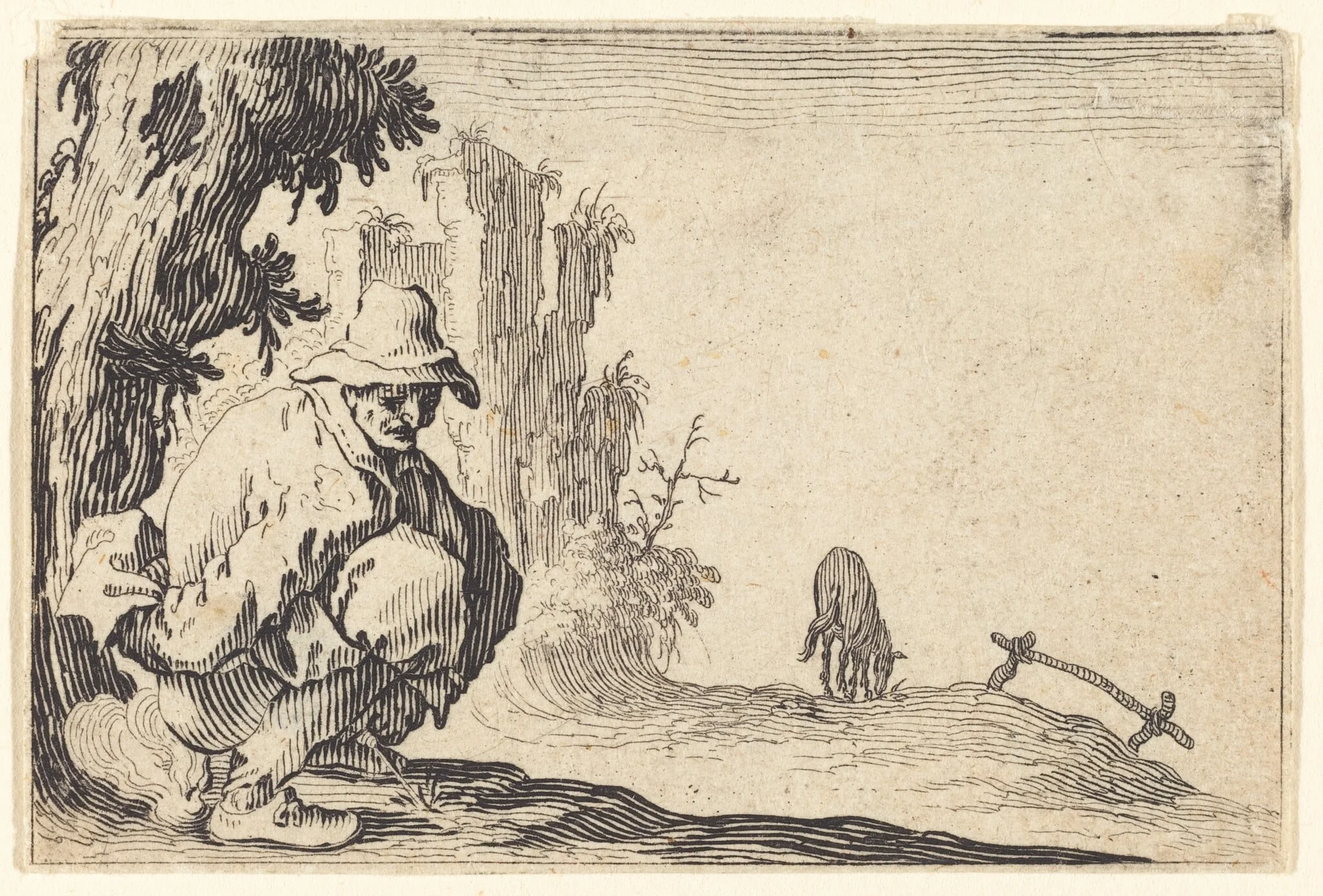 Peasant Defecating, by Jacques Callot, ink, 1622