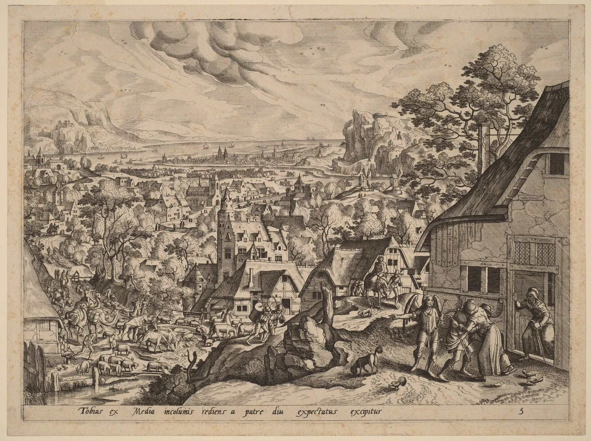 The Homecoming of Tobias, by Johannes van Doetechum the Elder, ink, 1565
