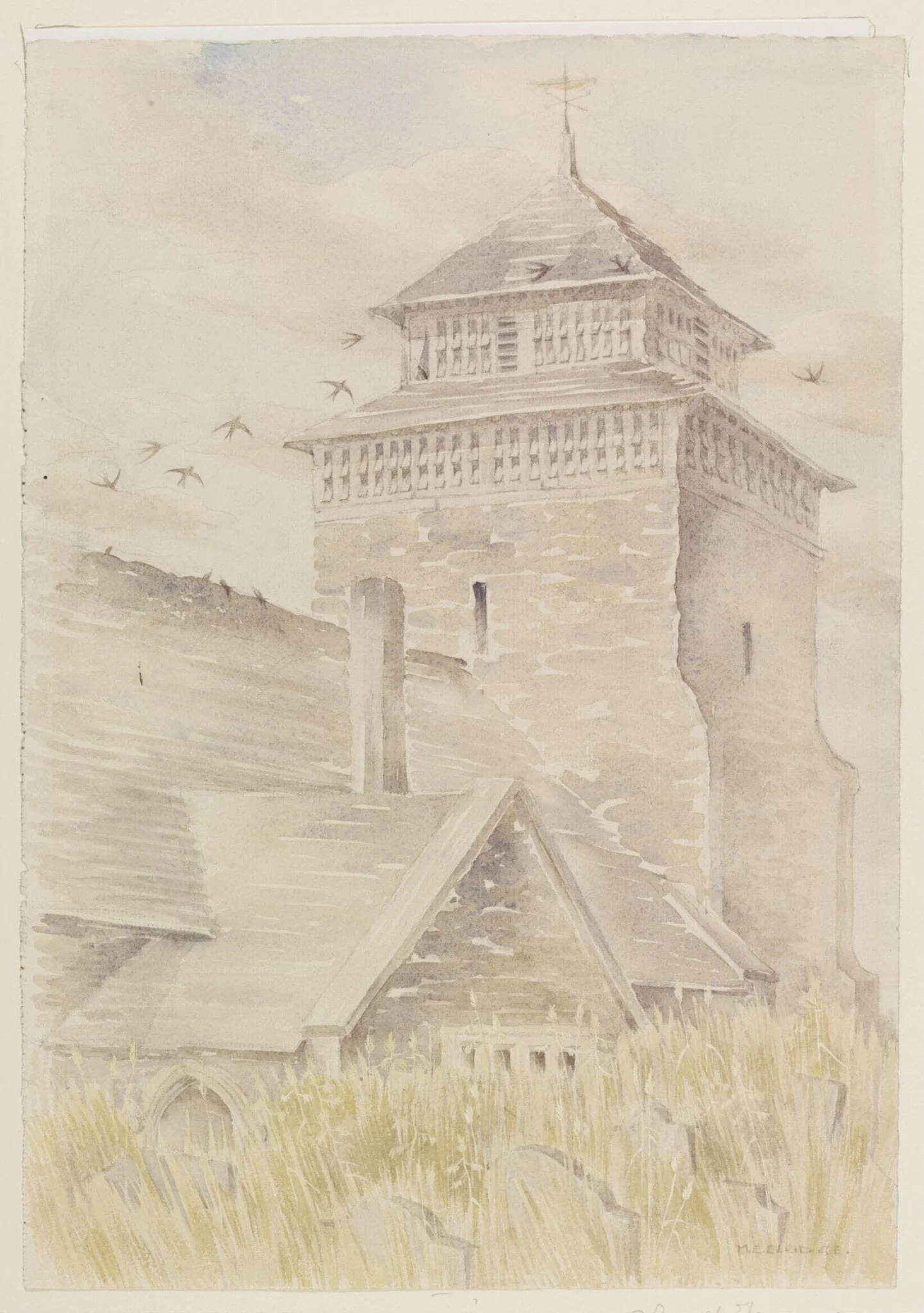 Bettws-y-Edewain Church Tower, Montgomeryshire, by Mildred E. Eldridge, watercolor, 1941