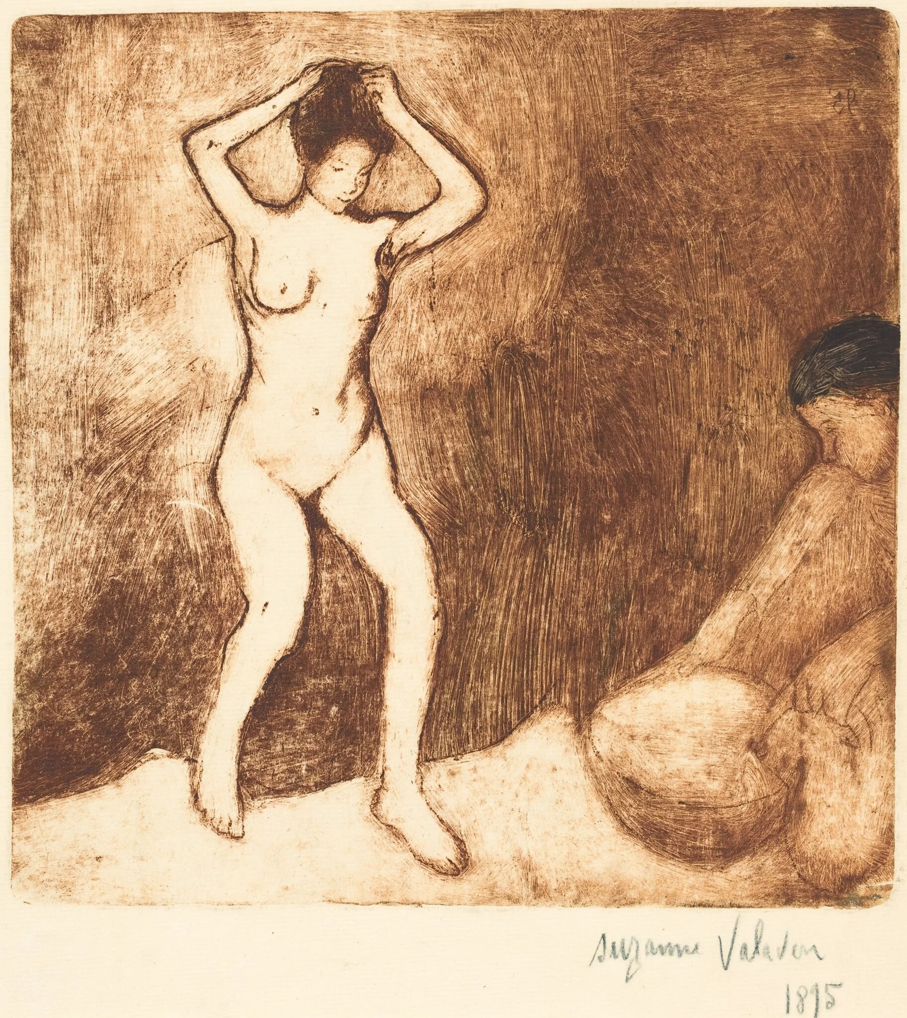 Catherine prépare le tub et Louise nue se coiffe (Catherine Prepares the Bath and Louise, Nude, Fixes her Hair), by Suzanne Valadon, ink, 1895