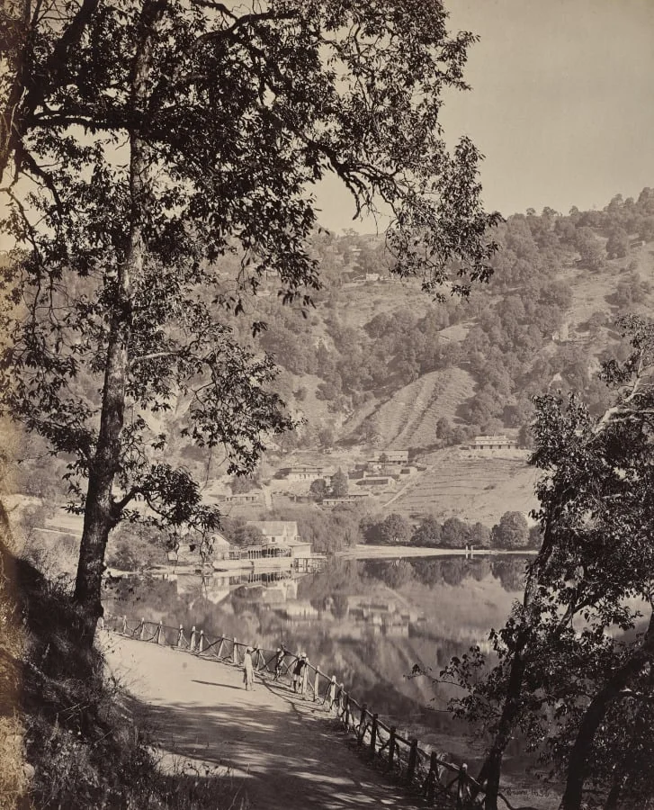 Hyree Lake. Hill Station in the Himmalayahs. View of the Taj Lake with Assembly Rooms, Lhutse, by Samuel Bourne, 1866