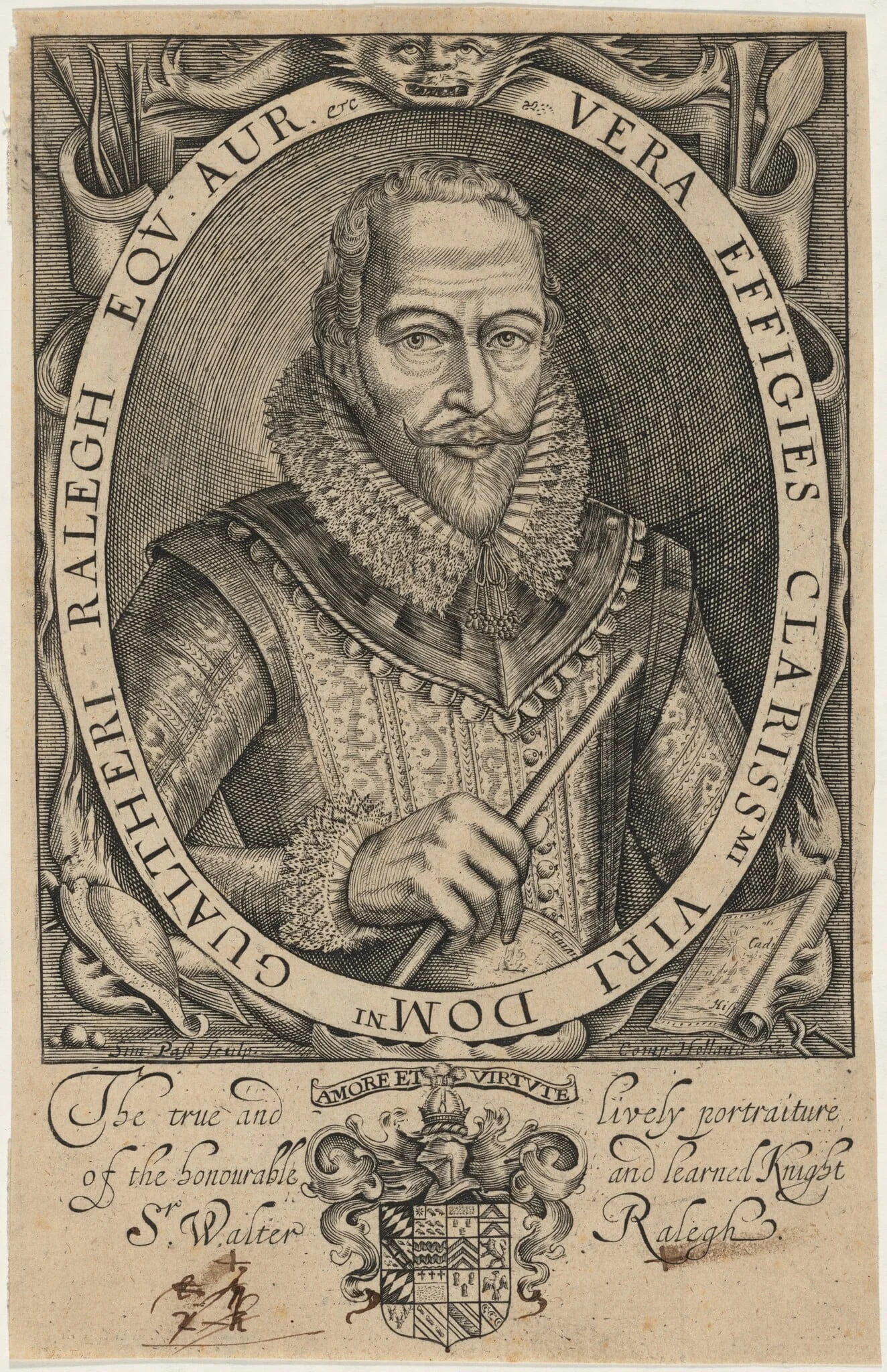 Sir Walter Raleigh, by Simon van de Passe, ink, 1634