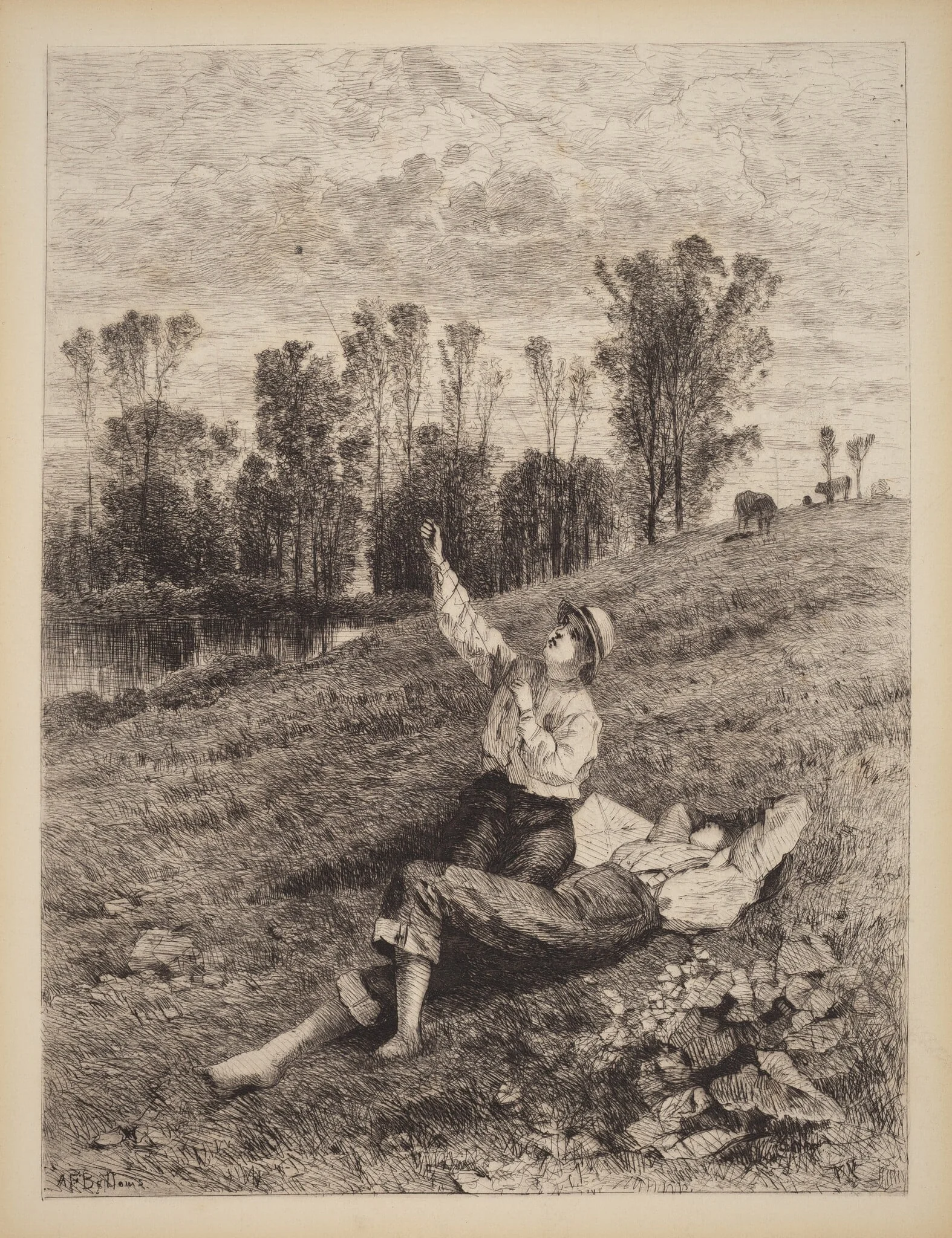 Untitled (Boys Flying a Kite), by Albert Fitch Bellows, ink, 1875