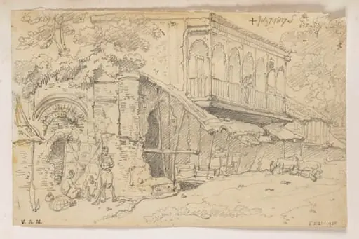 A verandah beside the ruins of a mosque, Bengal