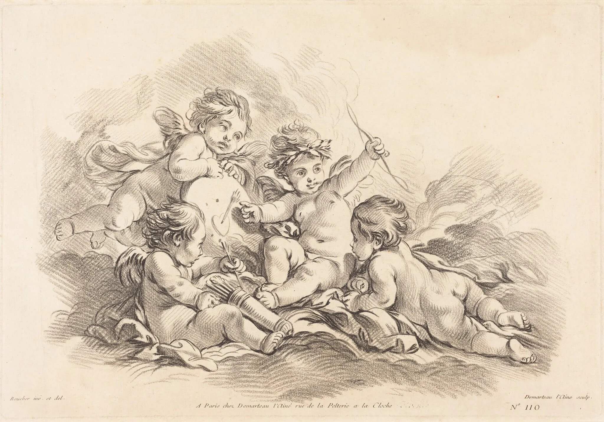 Four Cherubs at Target Practice, by Gilles Demarteau the Elder, chalk, 1749
