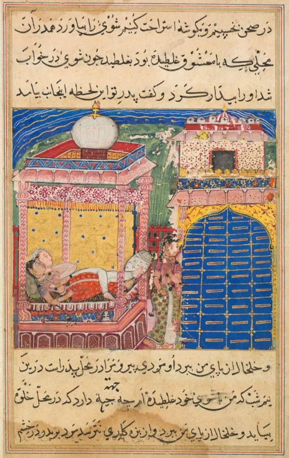 The deceitful wife persuades her husband to sleep in the same place where she had previously slept with her lover, from a Tuti-nama (Tales of a Parrot): Eighth Night, by Unknown, unspecified, 1560