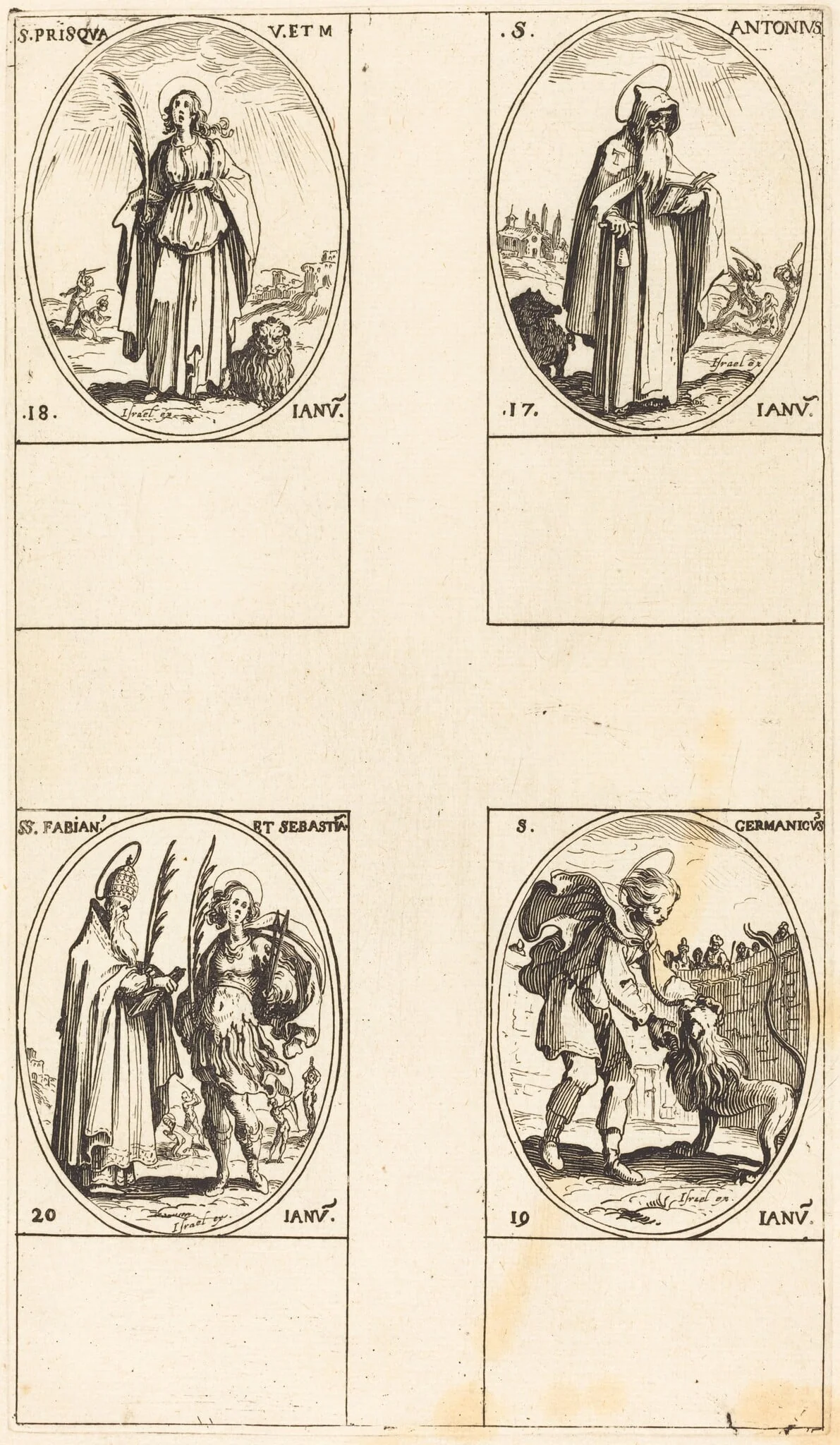 St. Anthony; St. Prisca; St. Germanicus; Sts. Fabian and Sebastian, by Jacques Callot, ink, 1634