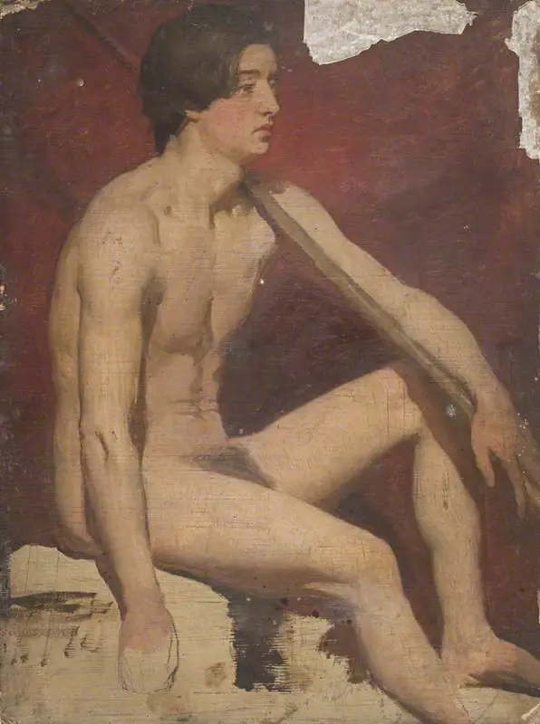 Life Study of a Seated Male Nude Holding a Staff