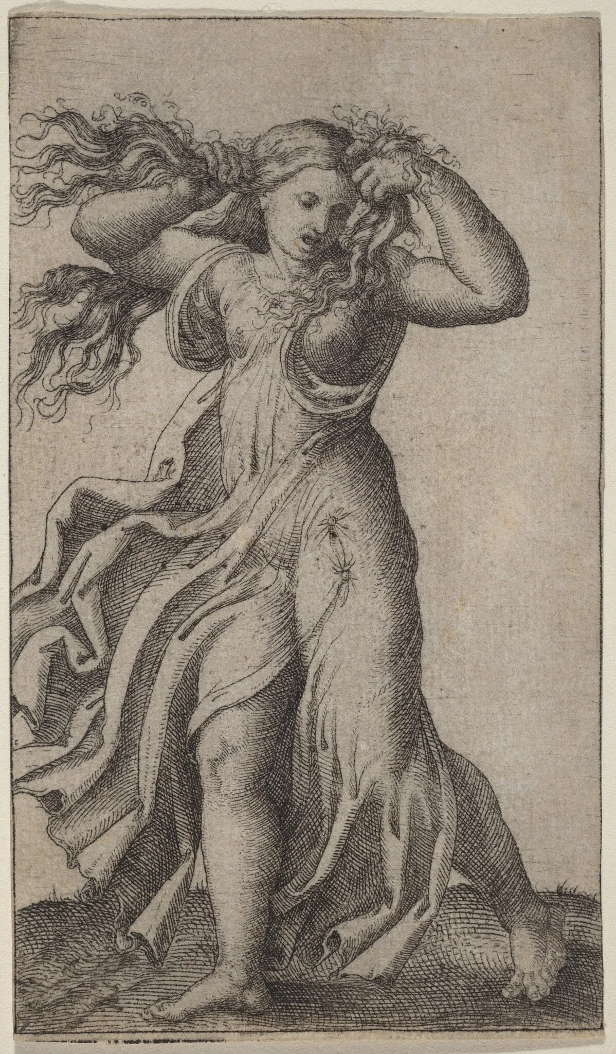 Woman Pulling Her Hair, by Marcantonio Raimondi, ink, 1522